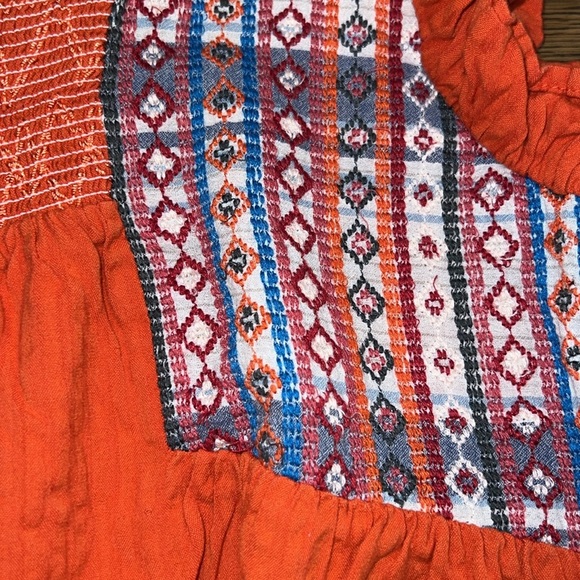Anthropologie THML Embroidered Ruffle Top L Orange Smocked Aztec Geometric Boho - Picture 7 of 9